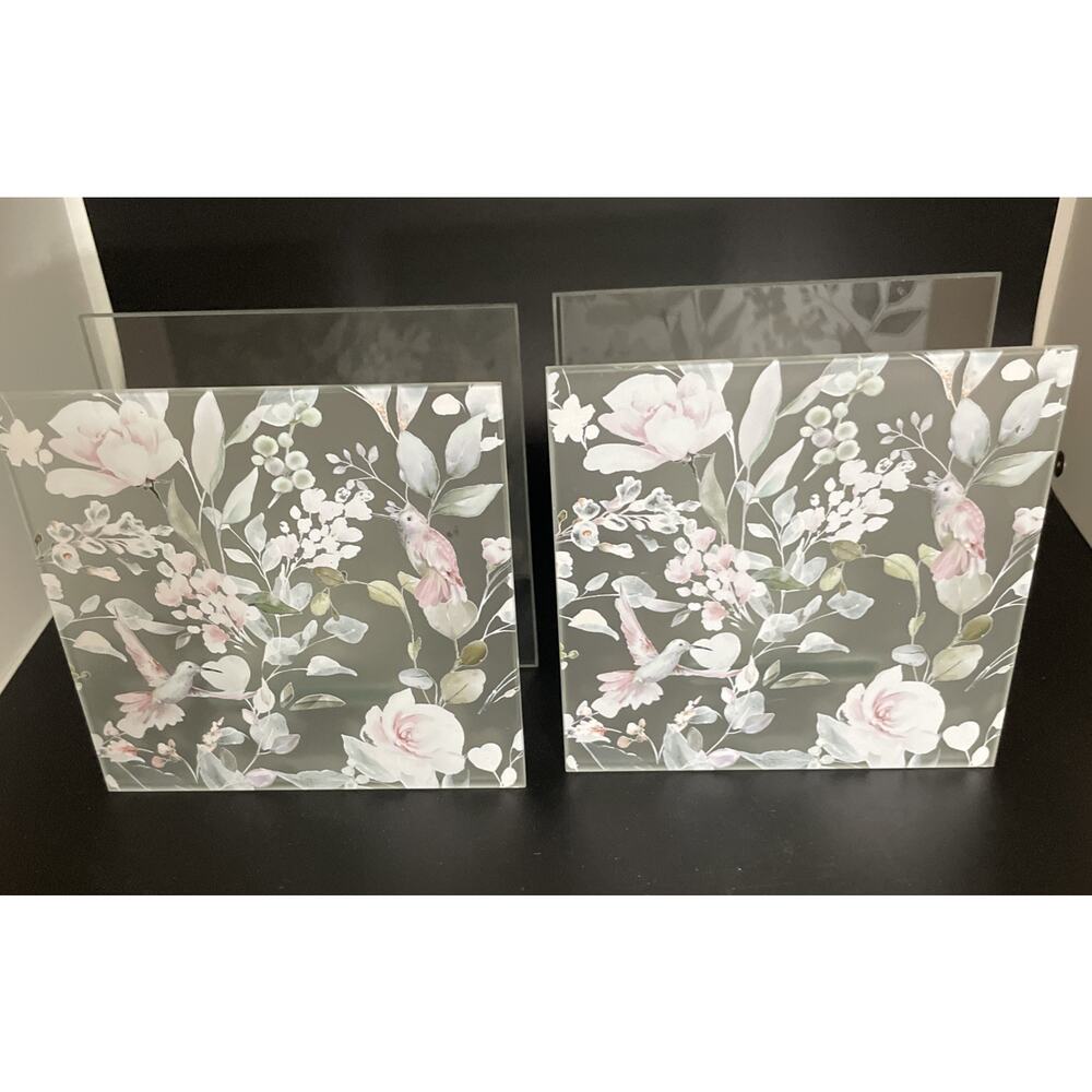 2-Set Glass tea light Holders with Hummingbirds Roses flowers Water Color design - Picture 7 of 7